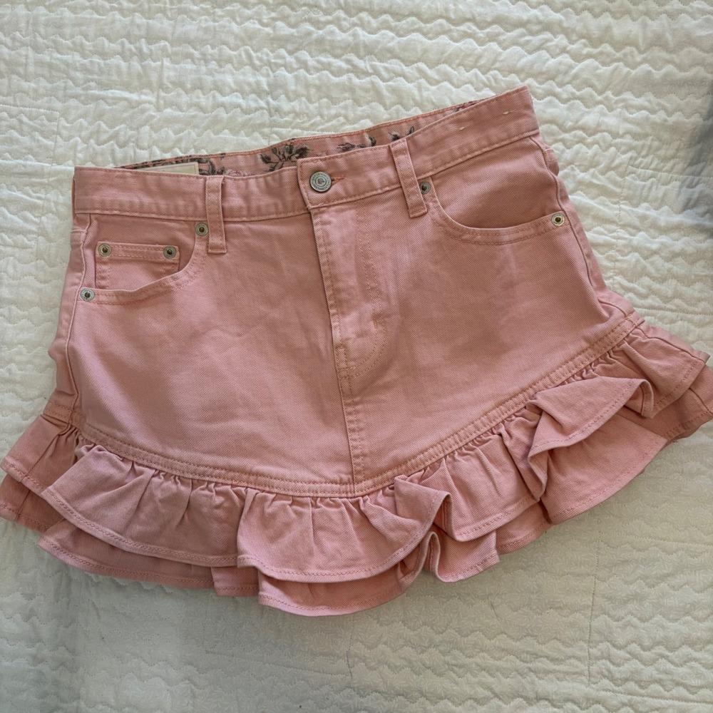 Gap x LoveShackFancy Pink Denim Ruffle Mini Skirt Size 0 25 Cottagecore Floral